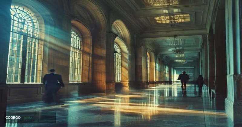 A cinematic editorial photograph set inside a stately Federal Reserve regional bank building interior — marble columns and po