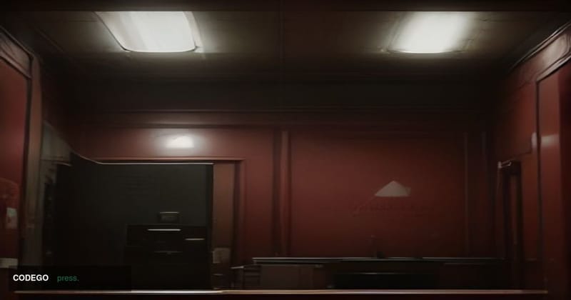 A cinematic editorial photograph set inside a dimly lit bank branch interior, shot from a low angle looking toward a teller c