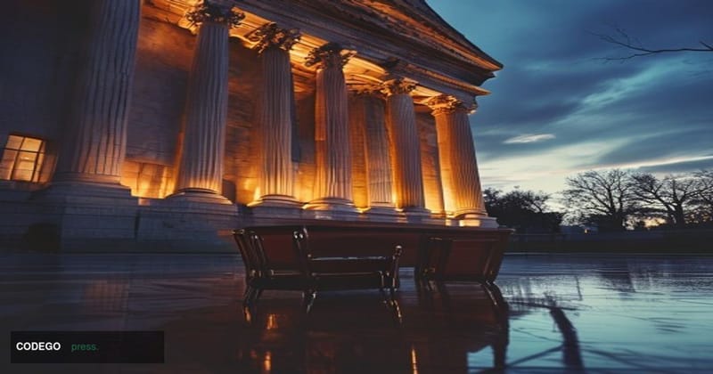 A cinematic editorial photograph set in Washington D.C., with the neoclassical marble facade of the Eccles Building — the Fed