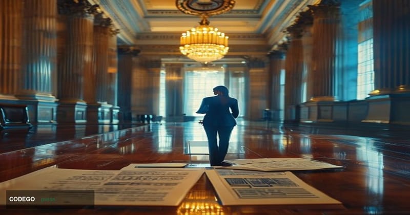 A dramatic cinematic editorial photograph set inside a grand Federal Reserve boardroom, shot from a low angle looking up towa