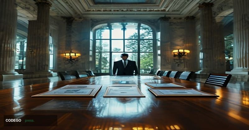 A cinematic editorial photograph set inside the Federal Reserve's grand neoclassical marble headquarters in Washington D.C., 