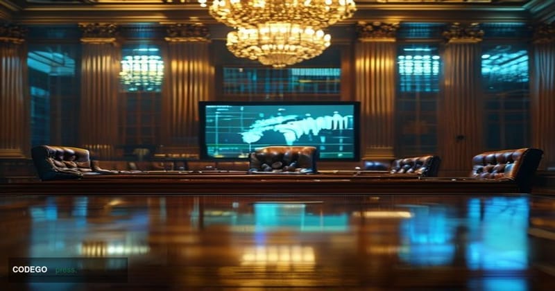 A photorealistic cinematic editorial photograph set inside a grand Federal Reserve boardroom with a long polished mahogany ta