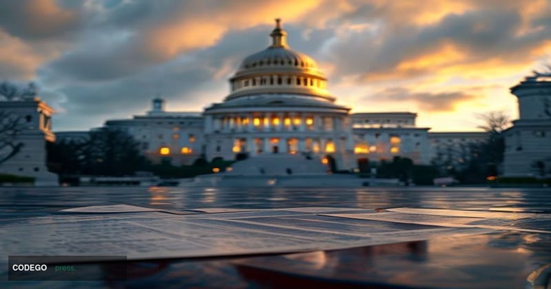 A photorealistic cinematic editorial photograph of the United States Capitol Building in Washington D.C. at dawn, shot from a