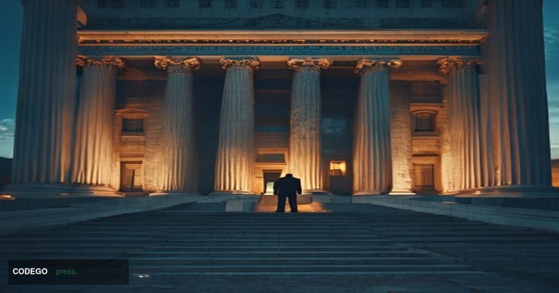 A photorealistic cinematic editorial photograph of the Federal Reserve headquarters building in Washington D.C. — the Eccles 
