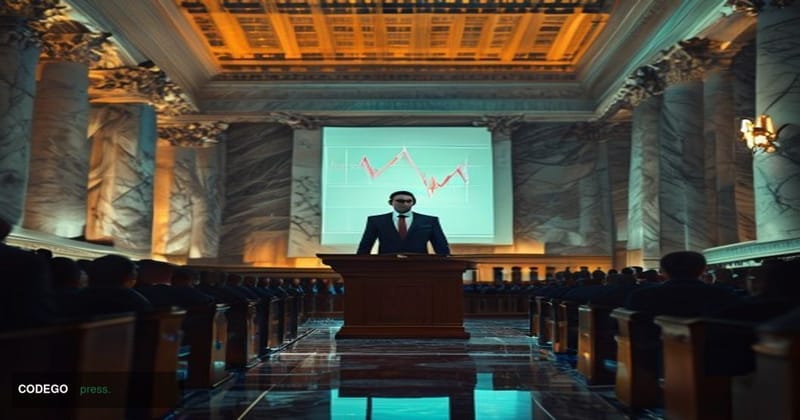 A photorealistic cinematic editorial photograph set inside the grand marble corridors of the Federal Reserve Building in Wash