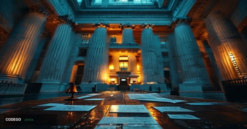 A cinematic editorial photograph of the Federal Reserve's imposing neoclassical headquarters building in Washington D.C., the