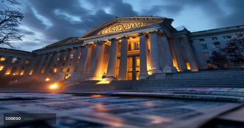 A photorealistic cinematic editorial photograph of the imposing neoclassical Federal Reserve headquarters building in Washing