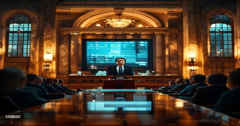 A cinematic editorial photograph set inside a prestigious Federal Reserve branch building, specifically evoking the Federal R