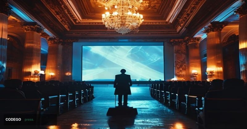 A cinematic editorial photograph set inside the grand neoclassical interior of the Federal Reserve Bank of Cleveland, with it