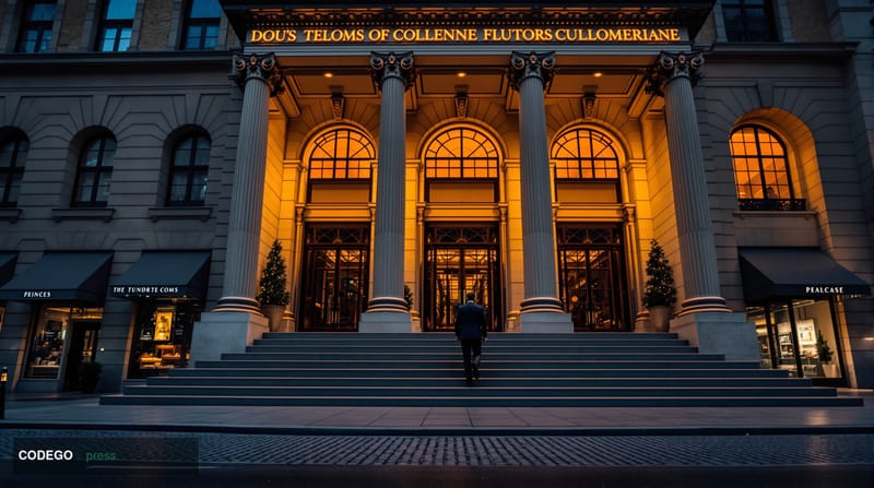 A cinematic editorial photograph centered on the exterior of the Federal Reserve Bank of Cleveland's distinctive neoclassical