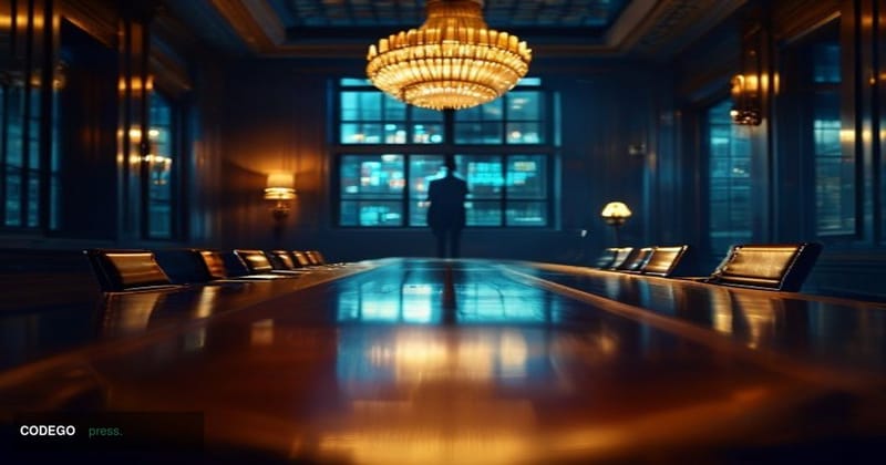 A cinematic editorial photograph set inside a grand Federal Reserve boardroom, shot from a low angle looking up at the head o