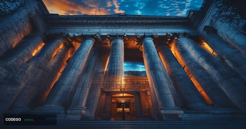 A cinematic editorial photograph centered on the exterior of the Federal Reserve Bank of Cleveland's neoclassical limestone h