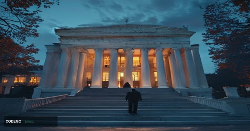 A photorealistic cinematic editorial photograph of the Federal Reserve's imposing neoclassical Washington D.C. headquarters b
