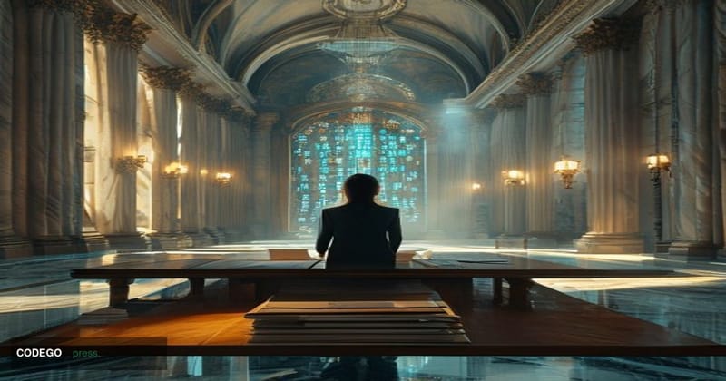 A photorealistic editorial photograph set inside a grand, neoclassical Federal Reserve building interior — marble columns, po