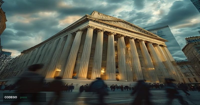 A photorealistic cinematic editorial photograph of the Federal Reserve's Eccles Building in Washington D.C., captured from a 