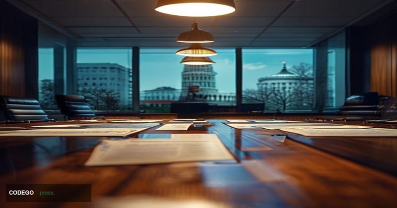 # Image Prompt:

A formal banking regulatory meeting room photographed from a low-angle perspective, featuring an imposing wo