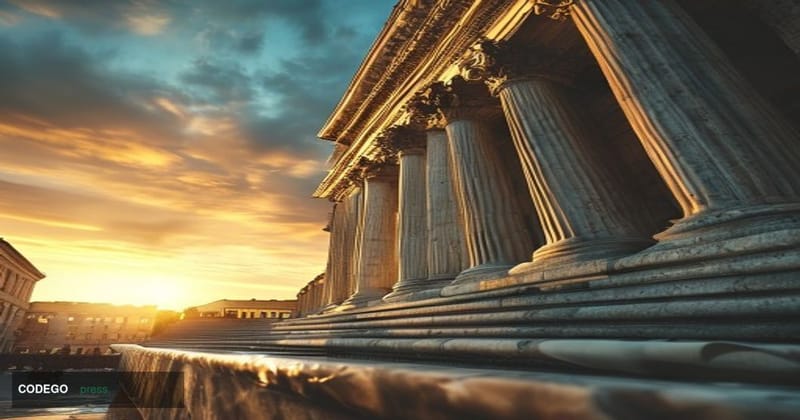 A dramatic cinematic close-up of the Federal Reserve's neoclassical granite facade in Washington D.C., shot from a low angle 
