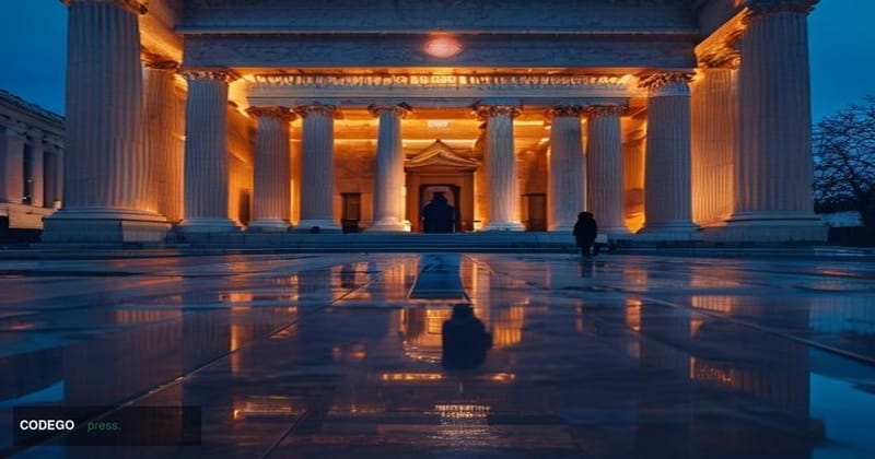 A cinematic editorial photograph of the Federal Reserve's Eccles Building in Washington D.C., shot from a low angle at dusk, 