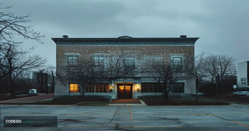 # Image Prompt:

A stark, overhead-angled shot of a modest two-story brick bank building in suburban Kansas with traditional 