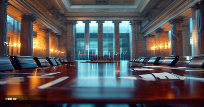 A cinematic editorial photograph set inside a grand Federal Reserve boardroom in Washington D.C., featuring the iconic neocla