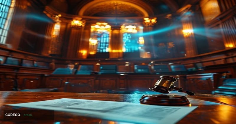 A cinematic editorial photograph set inside a grand federal courthouse, shot from a low angle looking up at the judge's bench