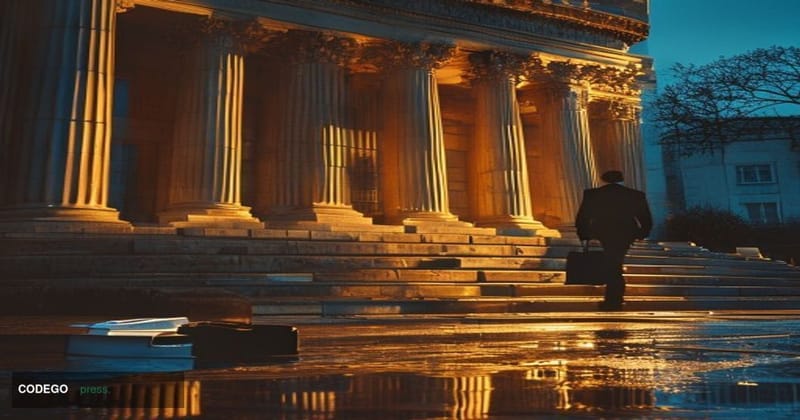 A dramatic wide-angle shot of a federal courthouse exterior at dusk, its neoclassical stone columns casting long shadows unde