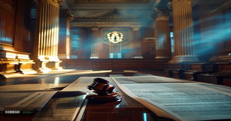 A photorealistic editorial photograph set inside a grand federal courthouse interior in Minneapolis, Minnesota, with imposing
