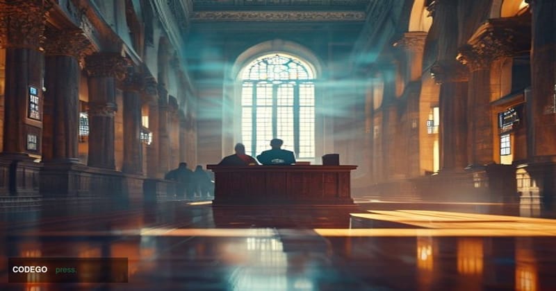 A dramatic courtroom-adjacent editorial scene set in a federal courthouse in Minnesota — wide marble hallways with towering s