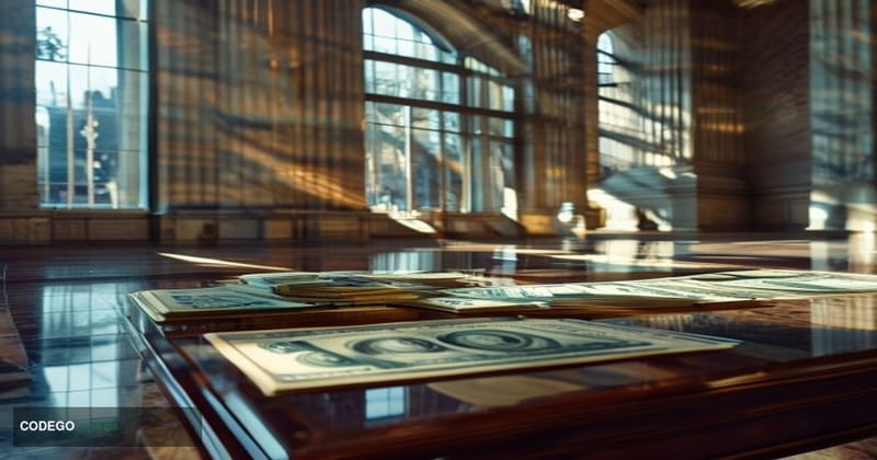 A photorealistic editorial photograph set inside the grand marble lobby of the Marriner S. Eccles Federal Reserve Board Build