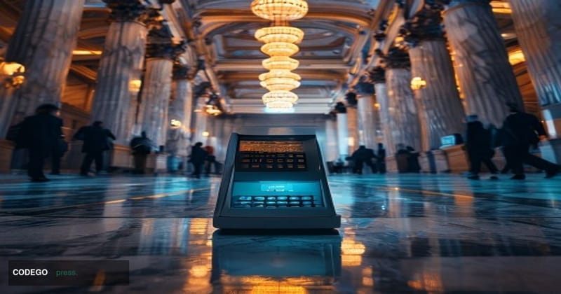 A dramatic cinematic editorial photograph set inside a grand neoclassical Federal Reserve Bank building interior, shot from a