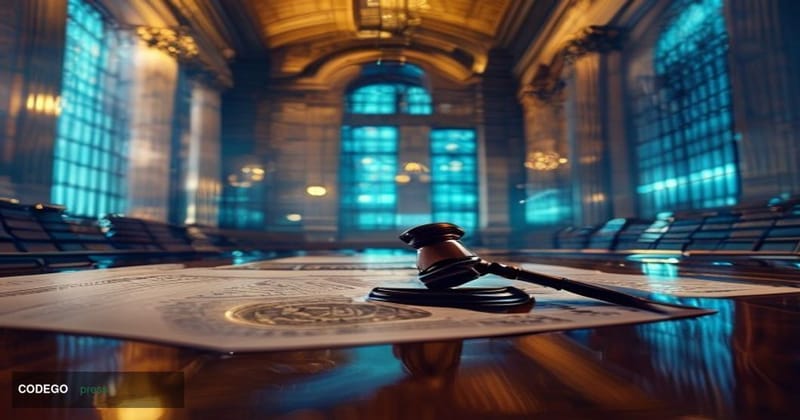 A photorealistic editorial photograph set inside a grand Federal Reserve meeting chamber, with warm amber lighting casting dr