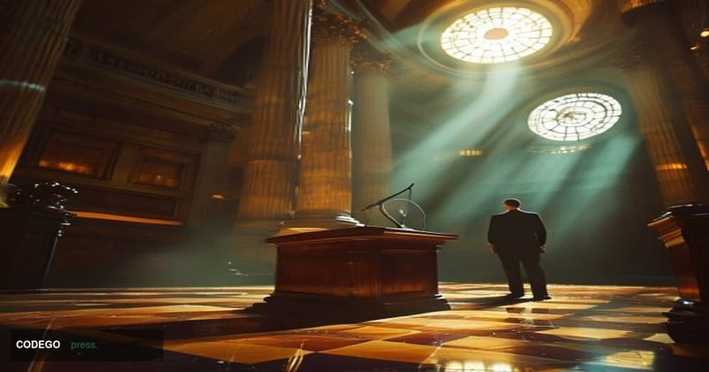 A dramatic cinematic editorial photograph set inside a grand Federal Reserve branch banking hall — marble columns and polishe