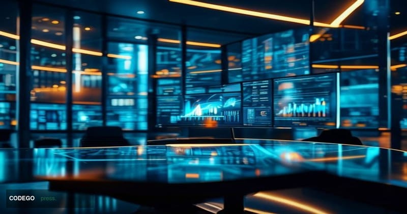 A cinematic editorial photograph set inside a sleek, modern financial compliance operations center, with multiple curved scre