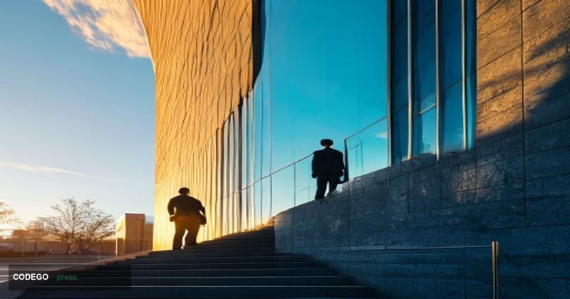 A cinematic editorial photograph shot at the exterior of Fifth Third Bank's Cincinnati headquarters building on a clear morni