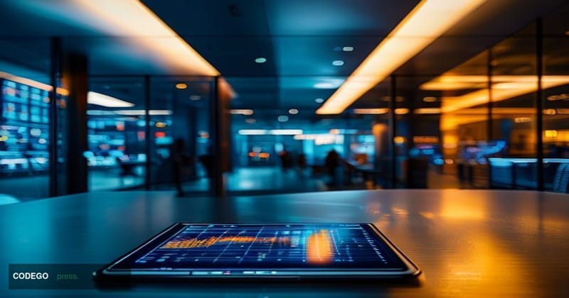 A dramatic cinematic editorial photograph of a sleek institutional financial operations floor, bathed in cool blue and warm a