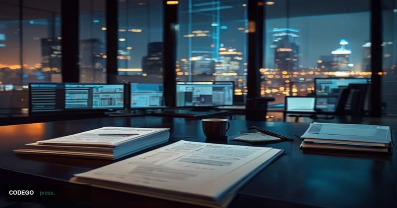 A cinematic editorial photograph set inside a sleek corporate finance office at night, illuminated by the cold blue glow of m