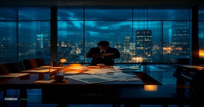 A cinematic editorial photograph set inside a sleek, dimly lit corporate finance office late at night, with floor-to-ceiling 