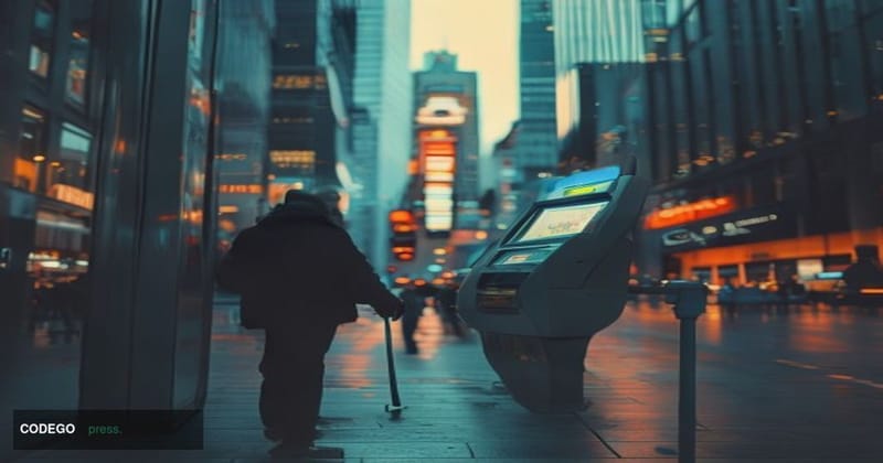 A photorealistic editorial photograph shot at street level in a bustling urban financial district — likely London's Canary Wh
