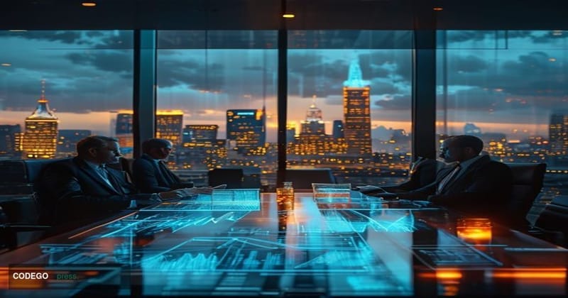 A dramatic cinematic editorial photograph set inside a sleek, modern venture capital investment boardroom in London or Frankf