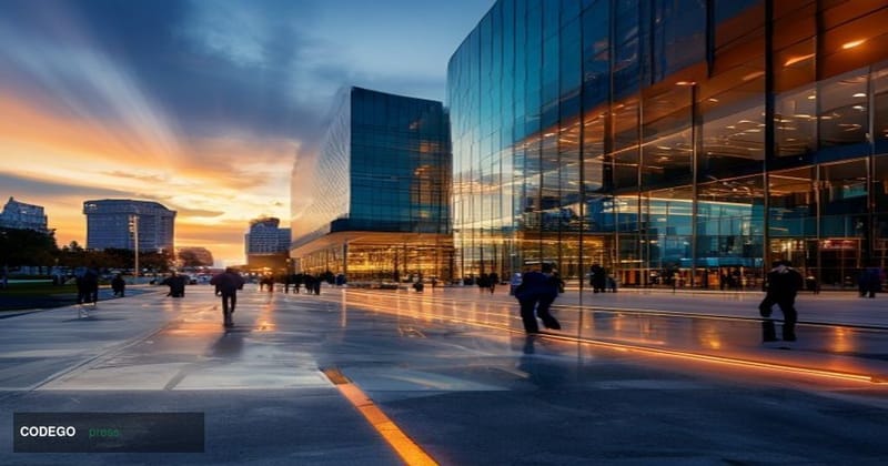 A cinematic editorial photograph of a gleaming modern financial technology campus at dusk, shot from a low wide-angle perspec