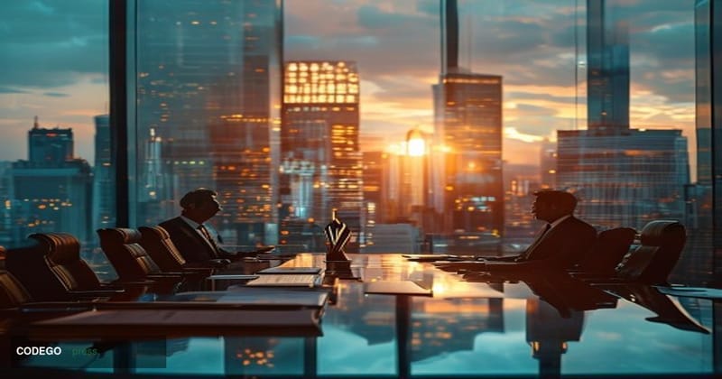 A cinematic editorial photograph set inside a modern venture capital boardroom in a high-rise San Francisco financial distric