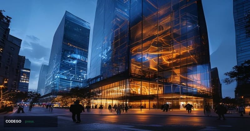 A dramatic editorial photograph depicting a sleek, modern financial district at dusk, with a prominent glass-and-steel bank t
