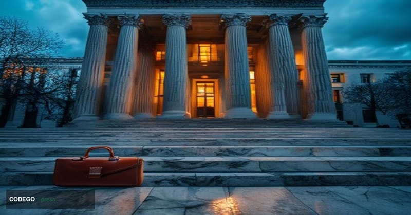 A dramatic low-angle shot of a neoclassical federal courthouse exterior in Washington D.C., with marble columns rising into a