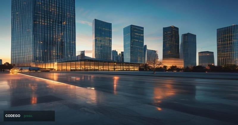 A cinematic editorial photograph taken at the boundary of the Chicago skyline and Indiana's suburban banking corridor, shot f