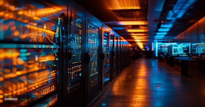 A cinematic editorial photograph set inside a sleek, modern financial technology operations center, featuring a wide curved b