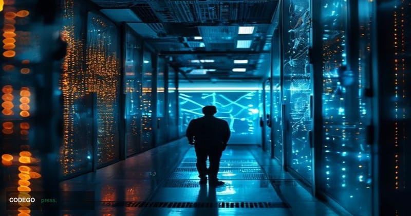 A dramatic cinematic editorial photograph of a modern financial technology operations center, shot from a low angle looking u