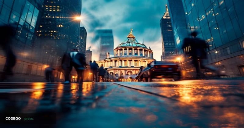 A dramatic cinematic editorial photograph capturing the intersection of global finance and regulation in 2026. The foreground