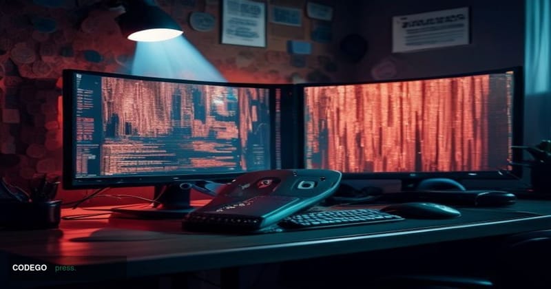 A cinematic editorial photograph taken at a dimly lit gaming setup, with a dual-monitor PC displaying a paused video game on 