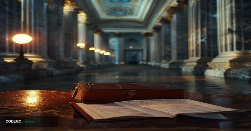 A cinematic editorial photograph set inside a stately Federal Reserve building corridor, with classical marble columns and po