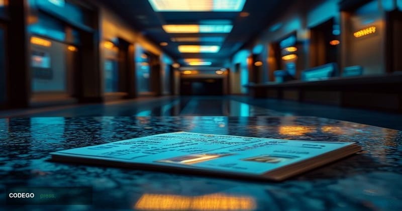 A cinematic editorial photograph set inside a darkened bank branch corridor, with the warm amber glow of overhead institution